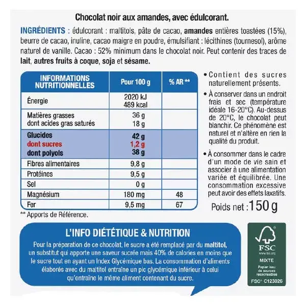 Barra de chocolate amargo com amêndoas Karéléa Chocolate sem adição de açúcar, 150g