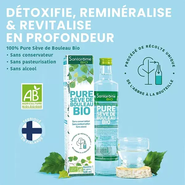 Santarome Orgânico - Seiva de Bétula Orgânica Pura - Desintoxica e Remineraliza - 500ml