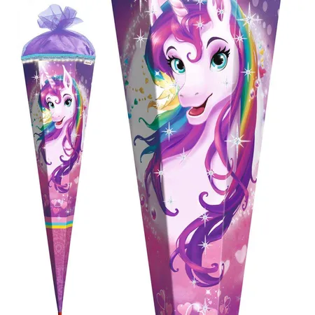 Roth Motiv-Schultüte, Einhornportrait, 85cm, eckig, Rot(h)-Spitze, Tüllverschluss, Glitter, Glitzerborte