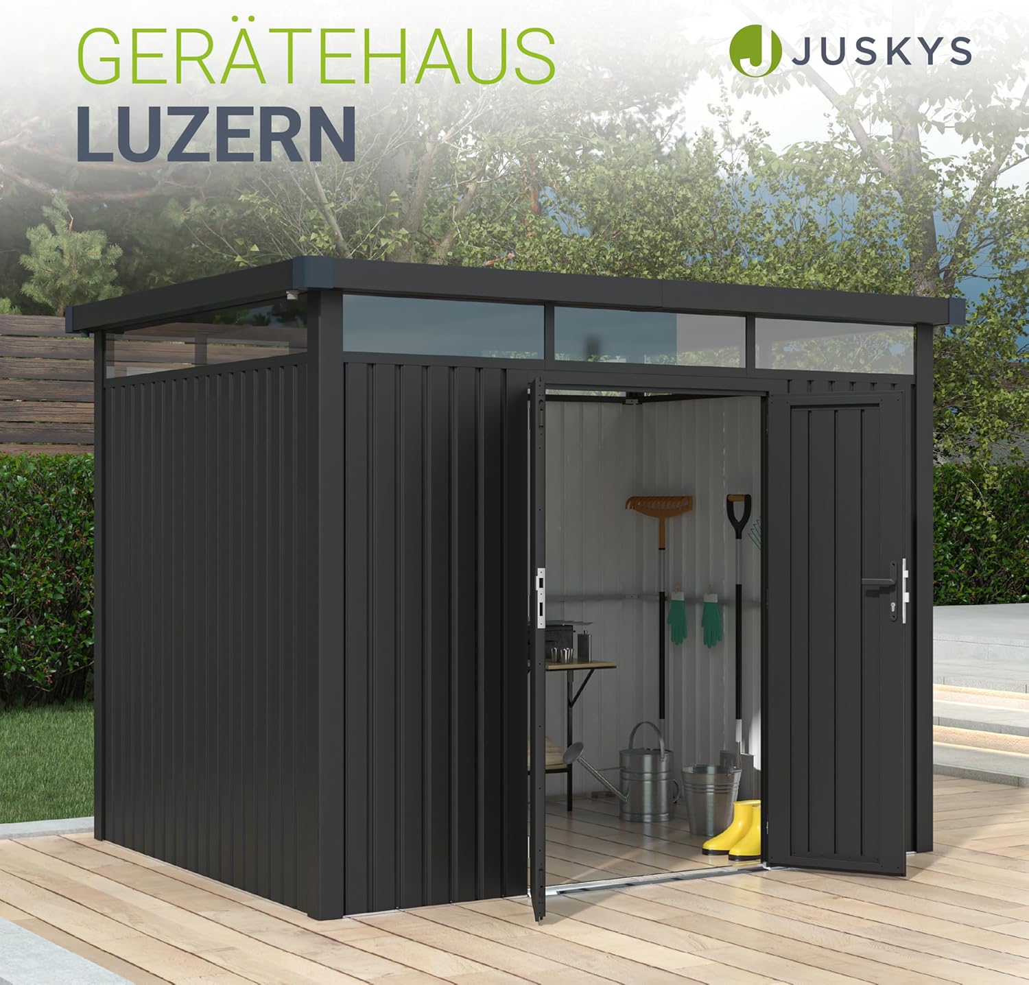 Juskys Gerätehaus Luzern Pro 6,8 m² - Metall Geräteschuppen mit Türen & Fenstern - wetterfest & abschließbar - Fahrradgarage, Gartenhaus - Anthrazit
