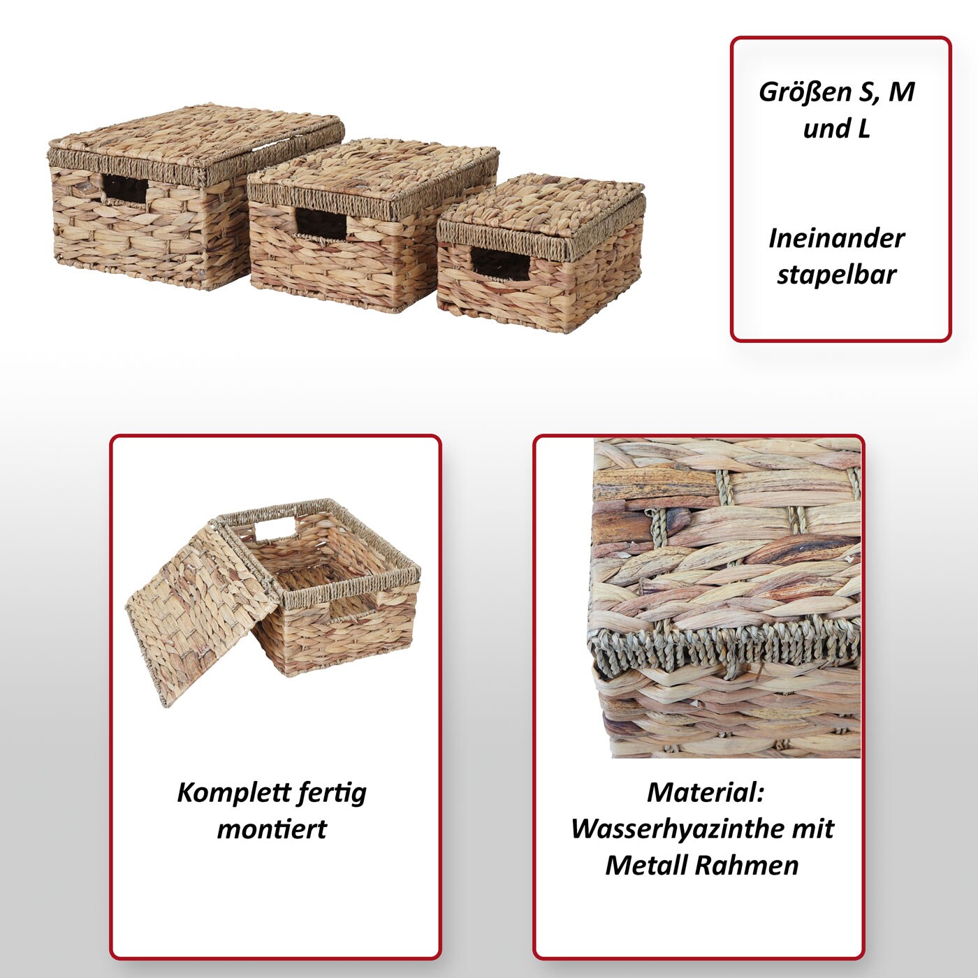 3er Set Aufbewahrungsbox MCW-C23, Truhe Kiste Box mit Deckel, Wasserhyazinthe naturfarben