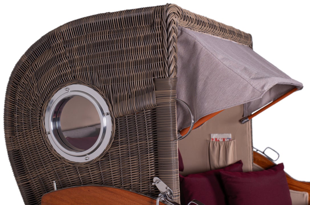 Westerland strandstoel, mahonie, patrijspoort, PE grijs, design 588