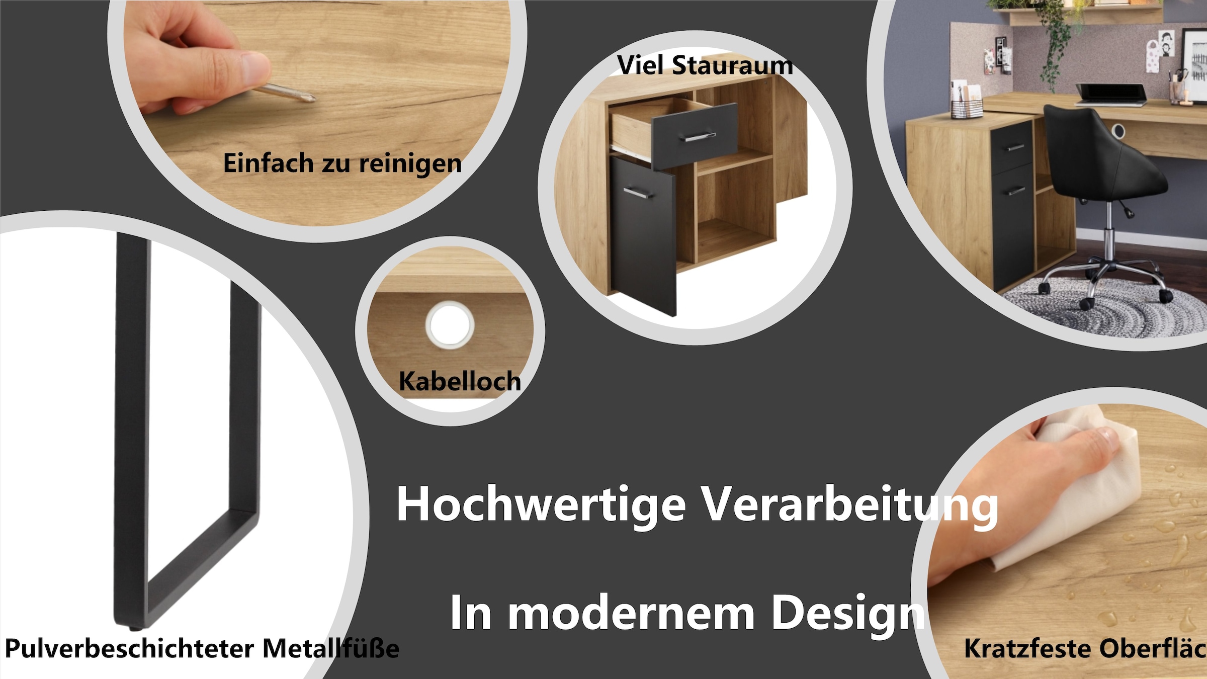 PLACES OF STYLE Eckschreibtisch »Moid, Computertisch, Kabeldurchlass, mit Regalfächern,« Schublade und Tür, flexibles Regalelement, 140x82-115 cm