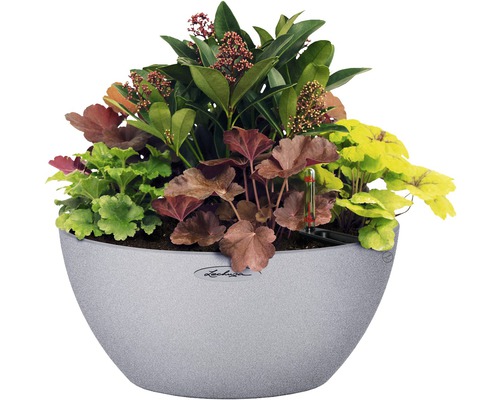 Cubeto Stone kunststof bloempot, 40x40x18 cm, steengrijs, inclusief grondbewateringssysteem en waterniveau-indicator