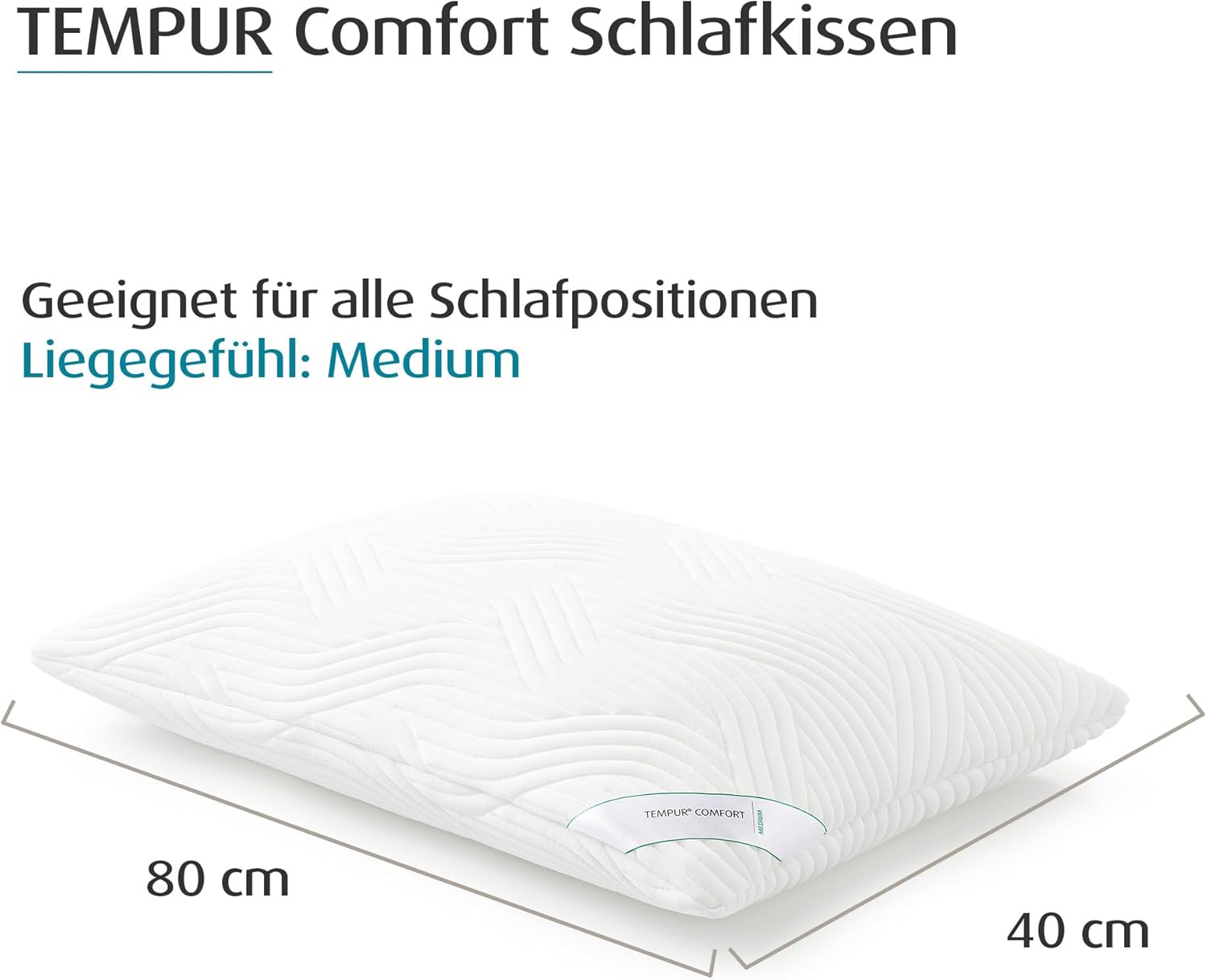 TEMPUR Comfort Medium Schlafkissen, klassisches Kissen für alle Schlafpositionen, waschbarer Bezug, OEKO-TEX MADE IN GREEN, Liegegefühl mittelfest, 40 x 80 cm