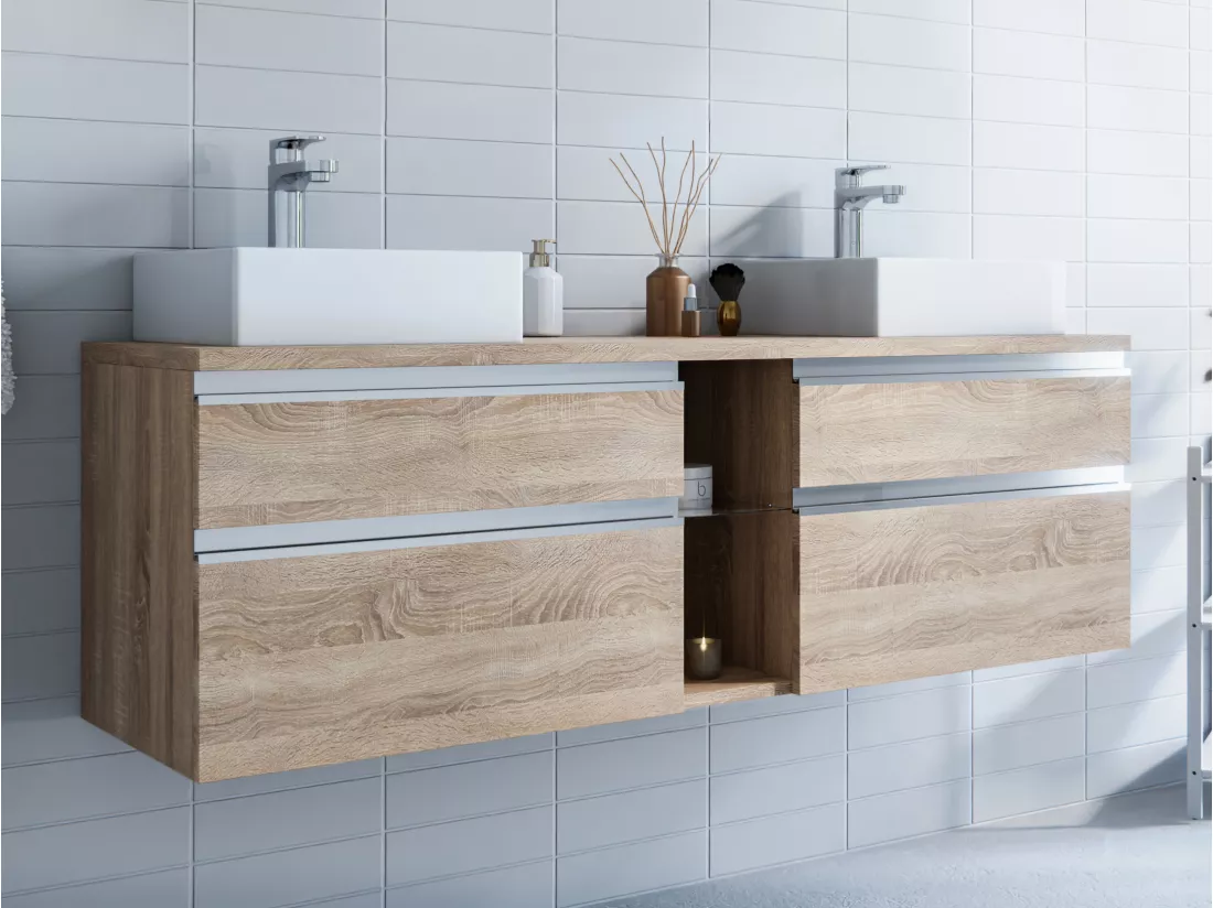 Meuble de salle de bain suspendu avec double vasque - Coloris naturel clair - 150 cm - MAGDALENA II