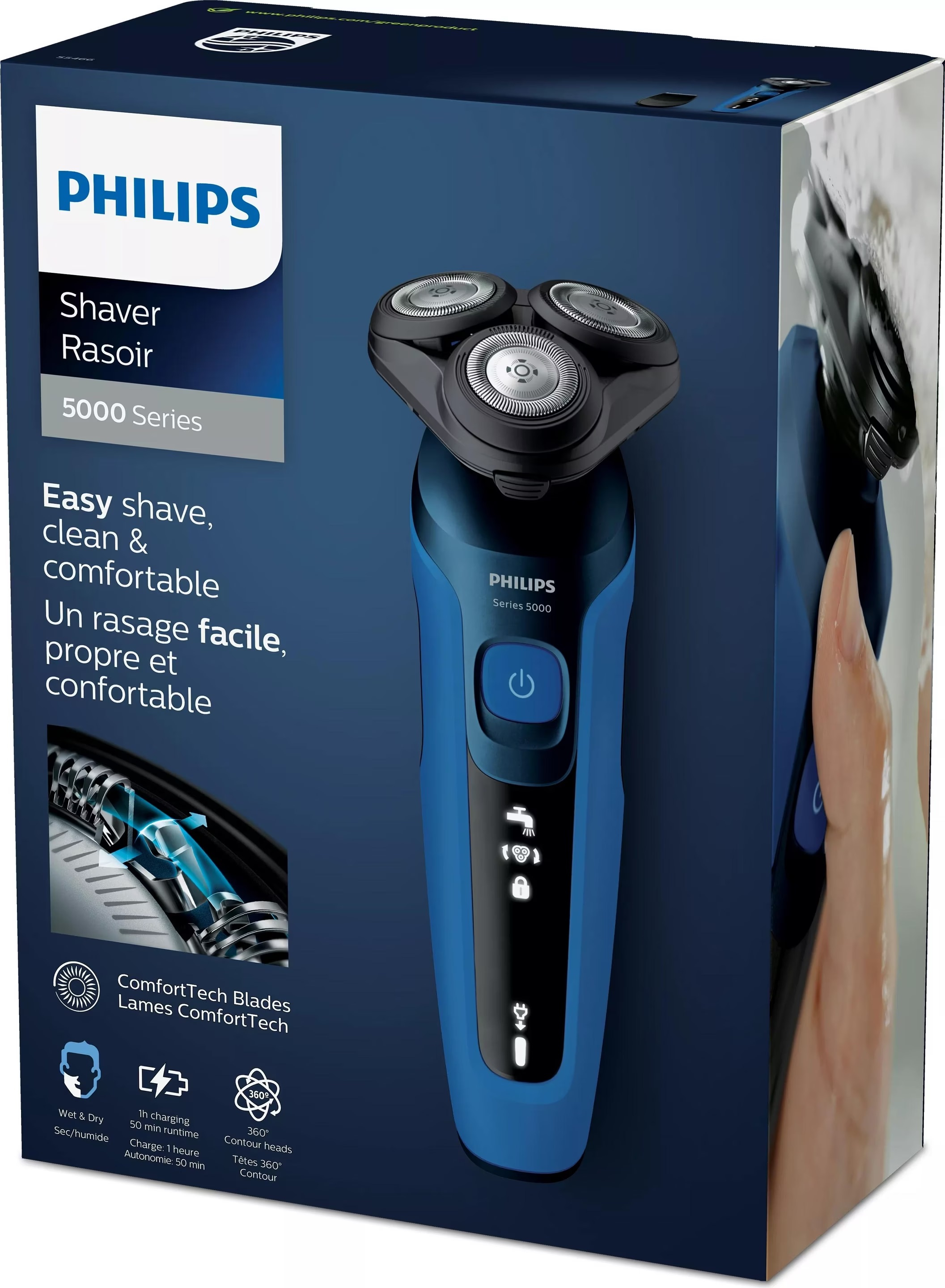 Shaver Series 5000 Elektrischer Scherkopf Haarschneider Bart Trimmer Akku Rasierer Wet & Dry mit 2 Aufsätzen (S5466/17) - Blau