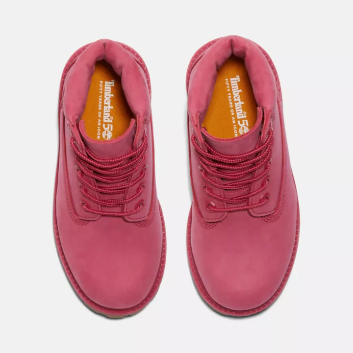 Bota Timberland Premium de 6 polegadas impermeável, edição 50, para crianças pequenas, na cor rosa escuro.