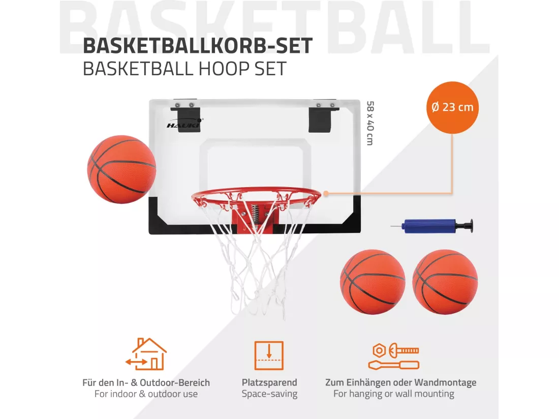 Set panier de basket rouge 58x40 cm 3 ballons pompe à balles panneau et anneau