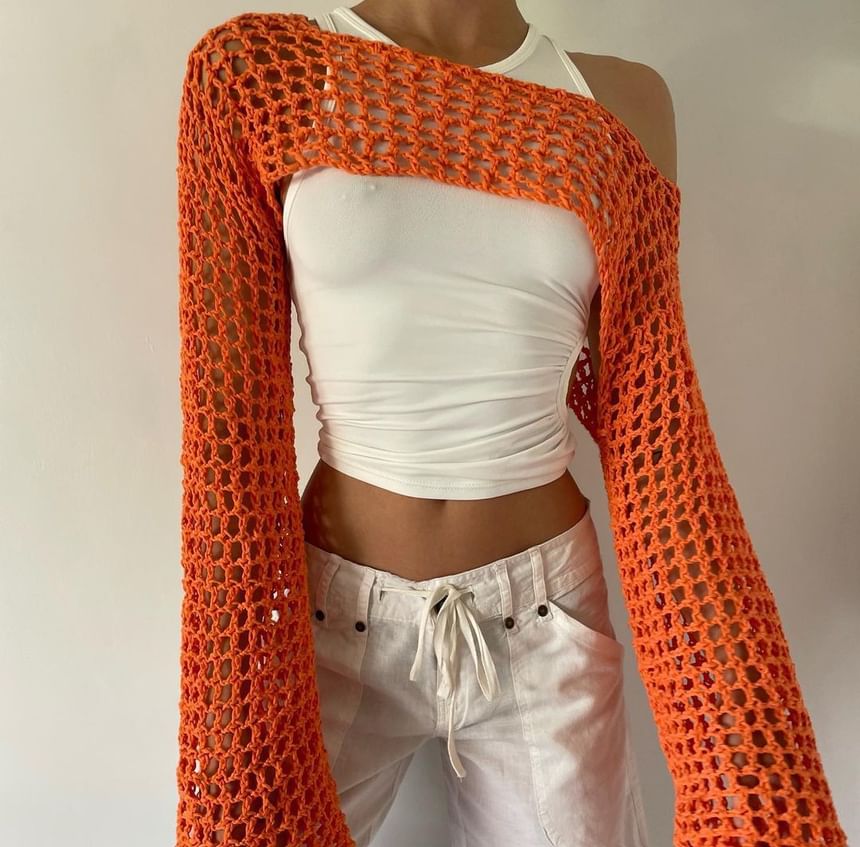 Rosesand - Effen gehaakte gebreide crop top met klokmouwen