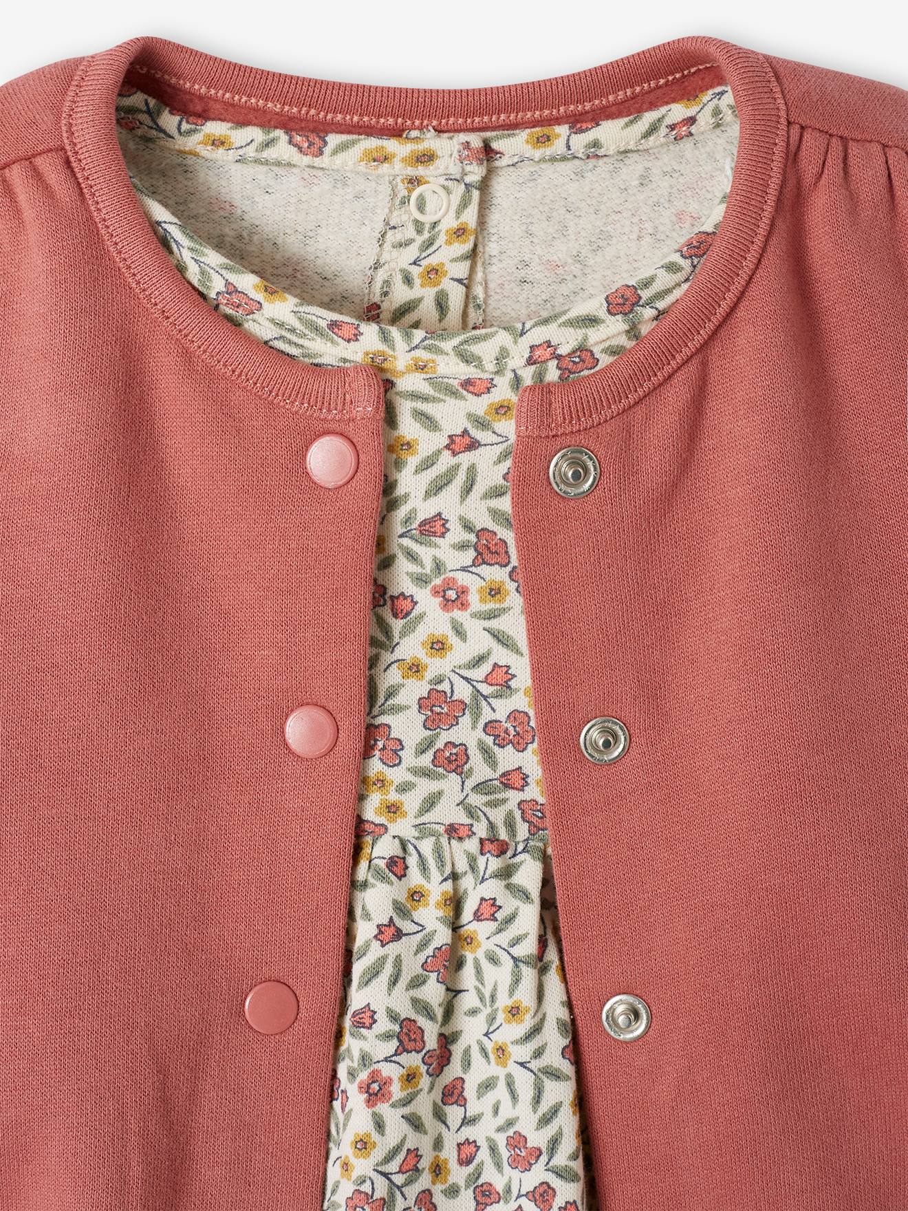 Conjunto de 3 peças com vestido + casaquinho + faixa de cabelo, para meninas, na cor rosa antigo.