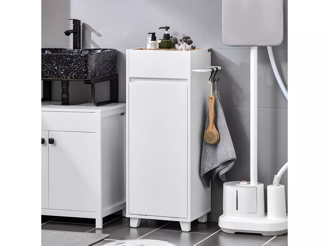 SoBuy Armoire à Linge Meuble Bas de Salle de Bain Corbeille à Linge Meuble de Rangement avec 4 Petits Compartiments Ouverts et 1 Panier à Linge Amovible, Blanc, 35x30x90 cm, BZR159-W