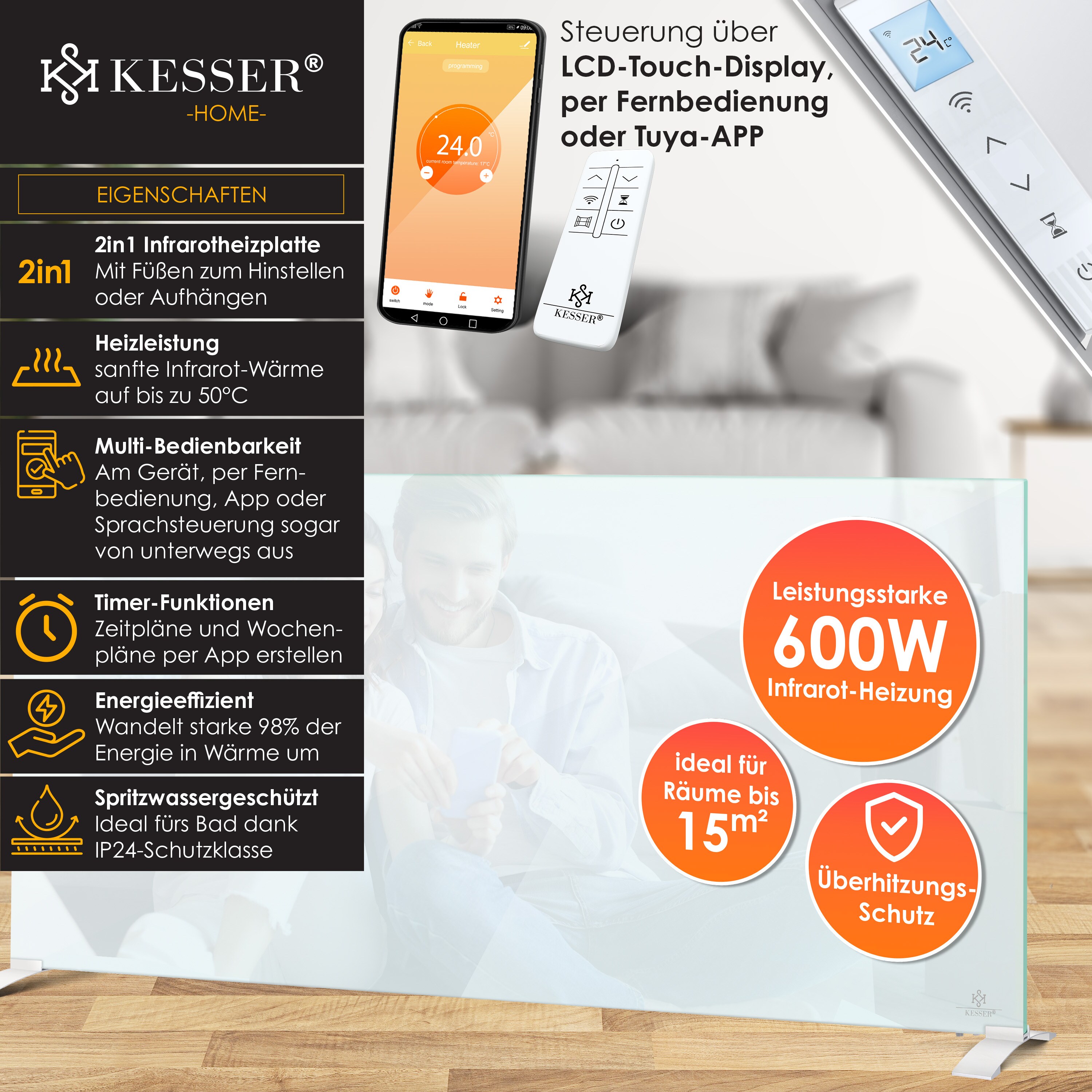 KESSER® Infrarotheizung Glaskonvektor Glasheizung Energiesparend 2in1 Standgerät & Wandmontage Elektroheizung mit Erkennung Offener Fenster + Fernbedienung & App-Steuerung Thermostat Heizpaneel