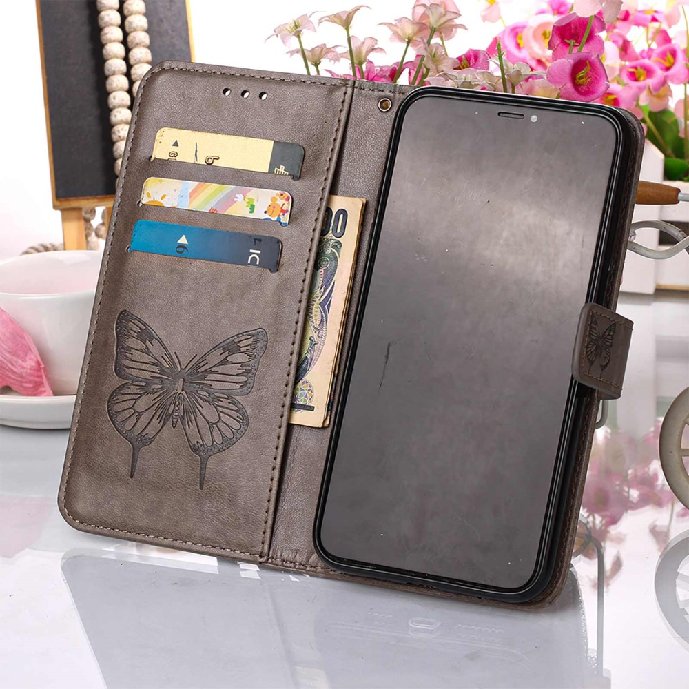 iPhone 13 Pro Leder Tasche mit Kartenfach   Handschlaufe Schmetterling / Blumen - Grau