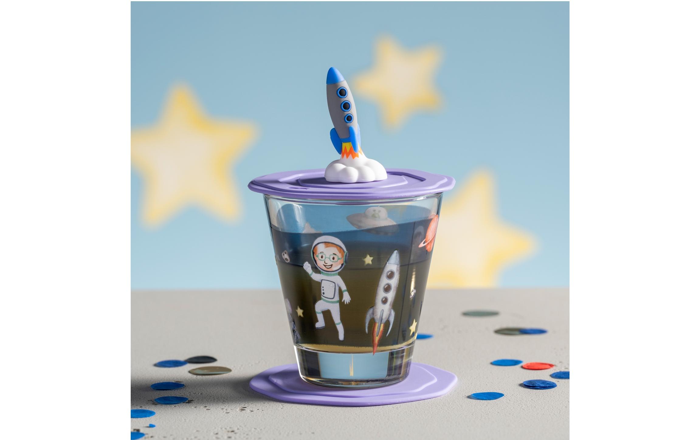 Kindertrinkglas Avventura 215 ml, 3-teilig, WeltallTrinkglas für Kinder mit Deckel und Untersetzer