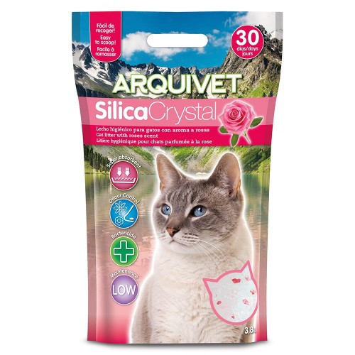 Cama para gatos com cristais de sílica e aroma de rosas.