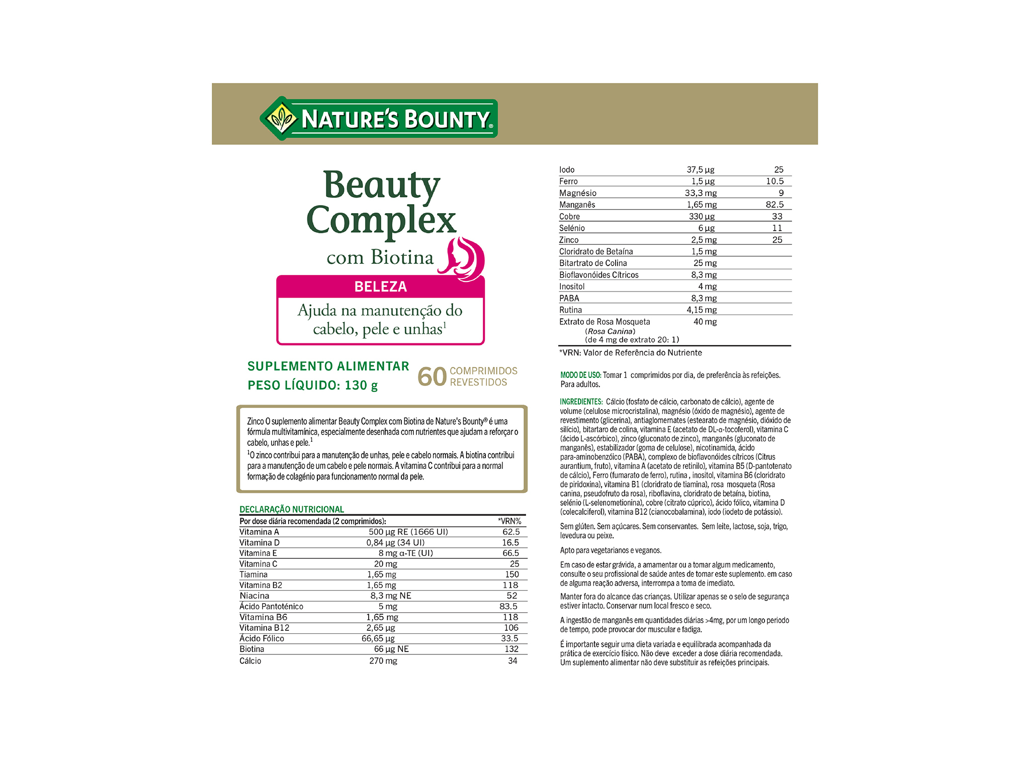 SUPLEMENTO NATURE?S BOUNTY COMPLX BELEZ  BIOTINA 60 CMP