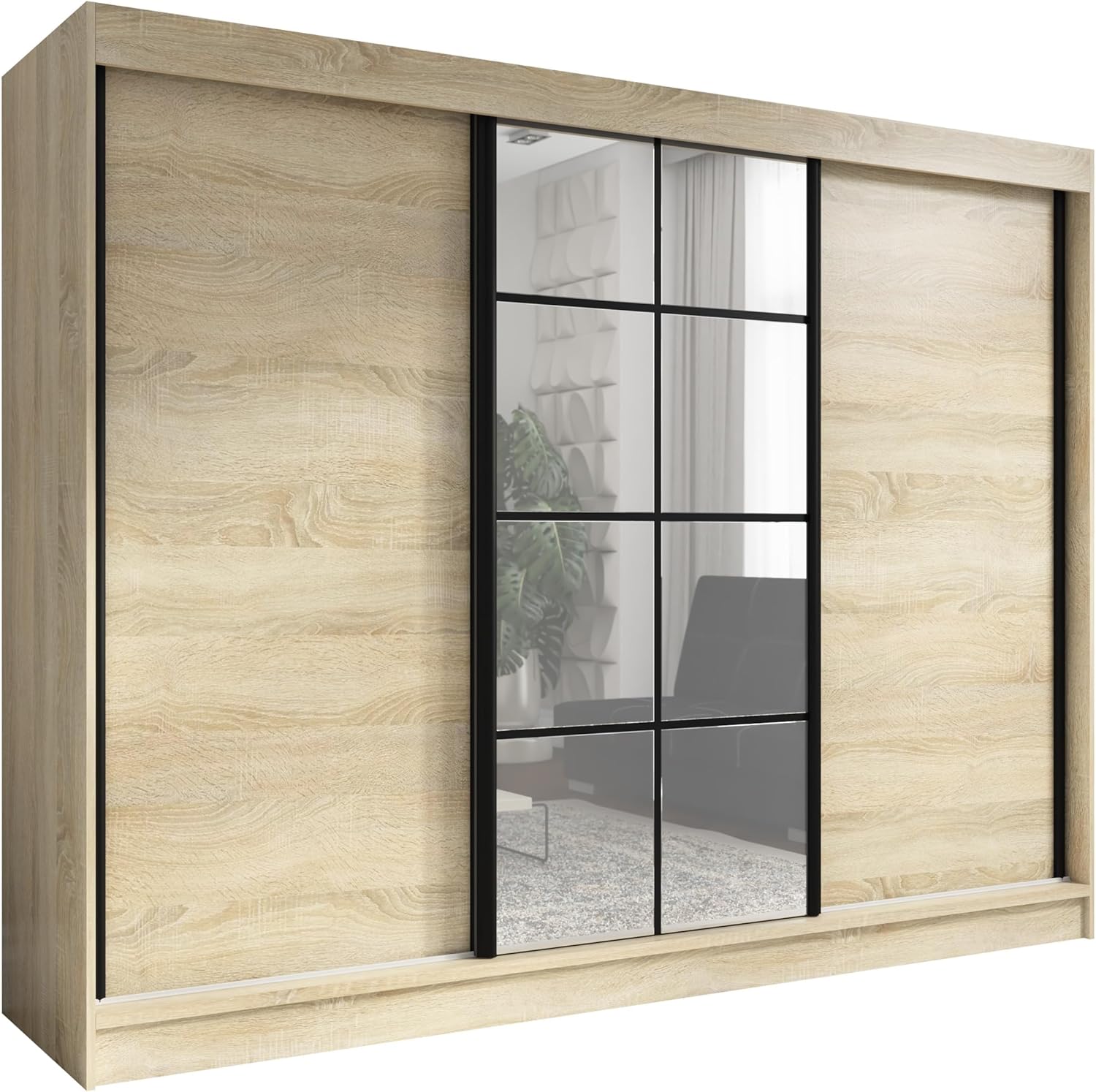 A&J MöbelLand Schwebetürenschrank ORAVELLE Kleiderschrank 3-türig mit Schubladen und Spiegel Garderobenschrank 200 cm (Sonoma)