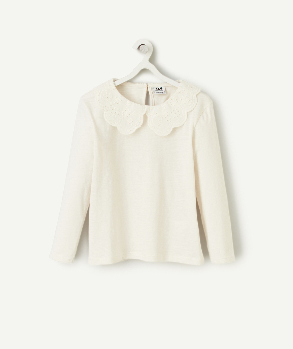 T-SHIRT FILLE EN COTON BIOLOGIQUE ÉCRU AVEC COL CLAUDINE BRODÉ