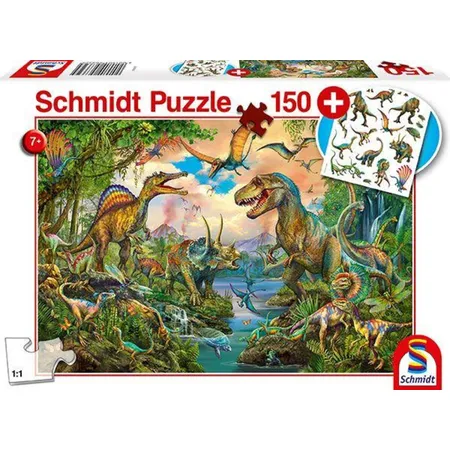 Schmidt Spiele KinderPuzzle - Wilde Dinos, 150 Teile, mit add on Tattoos Dinosaurier