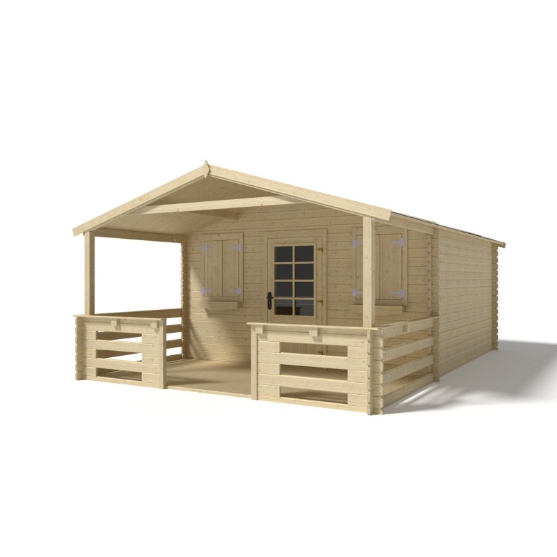 Abri de jardin en bois - 4x3 m - 20 m2 + terrasse avec balustrade et avant-toit en bois
