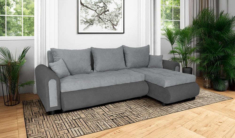 Romeo Ecksofa mit Schlaffunktion und Bettkasten – Modernes L-Sofa 3-Sitzer 232x143x80 cm – Komfortables Schlafsofa aus Premium Stoff Grau-Graphit, platzsparend & elegant fürs Wohnzimmer﻿