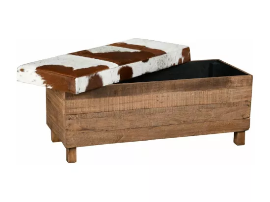 Coffre banquette en bois recyclé et peau de vache