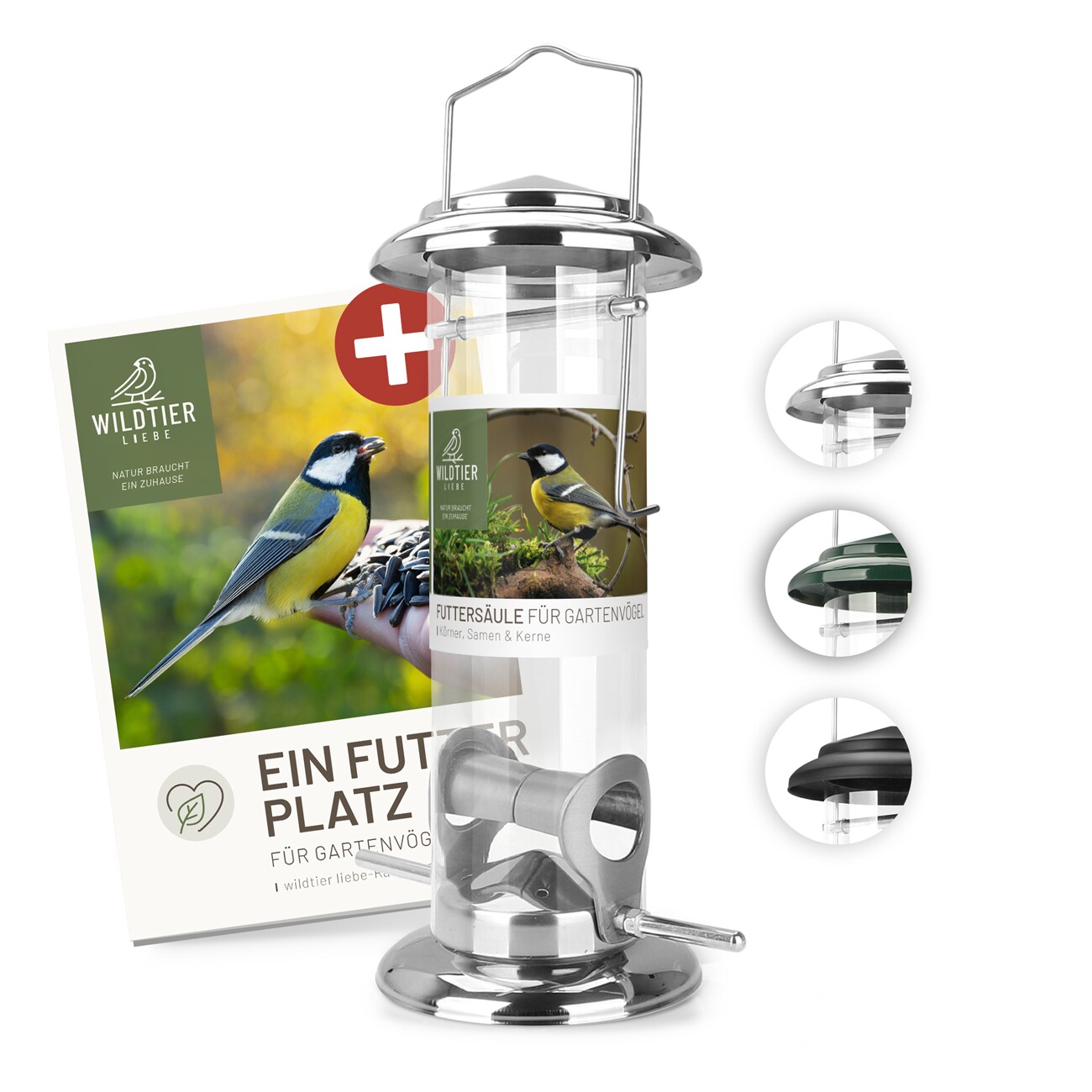 wildtier liebe Futtersäule für Samen, Körner & Kerne 23,5cm, Silber