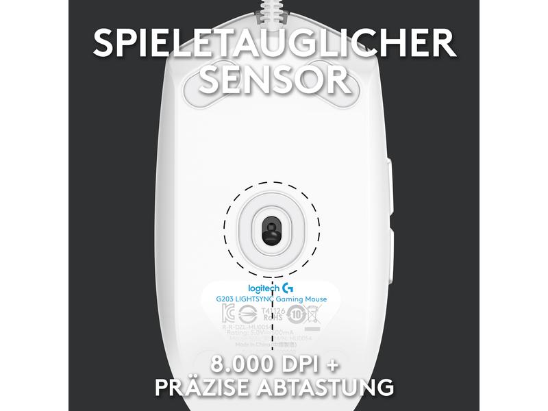 Logitech Gaming-Maus G203 Lightsync Weiss Reaktionsschnelle und leichte USB-Gamingmaus