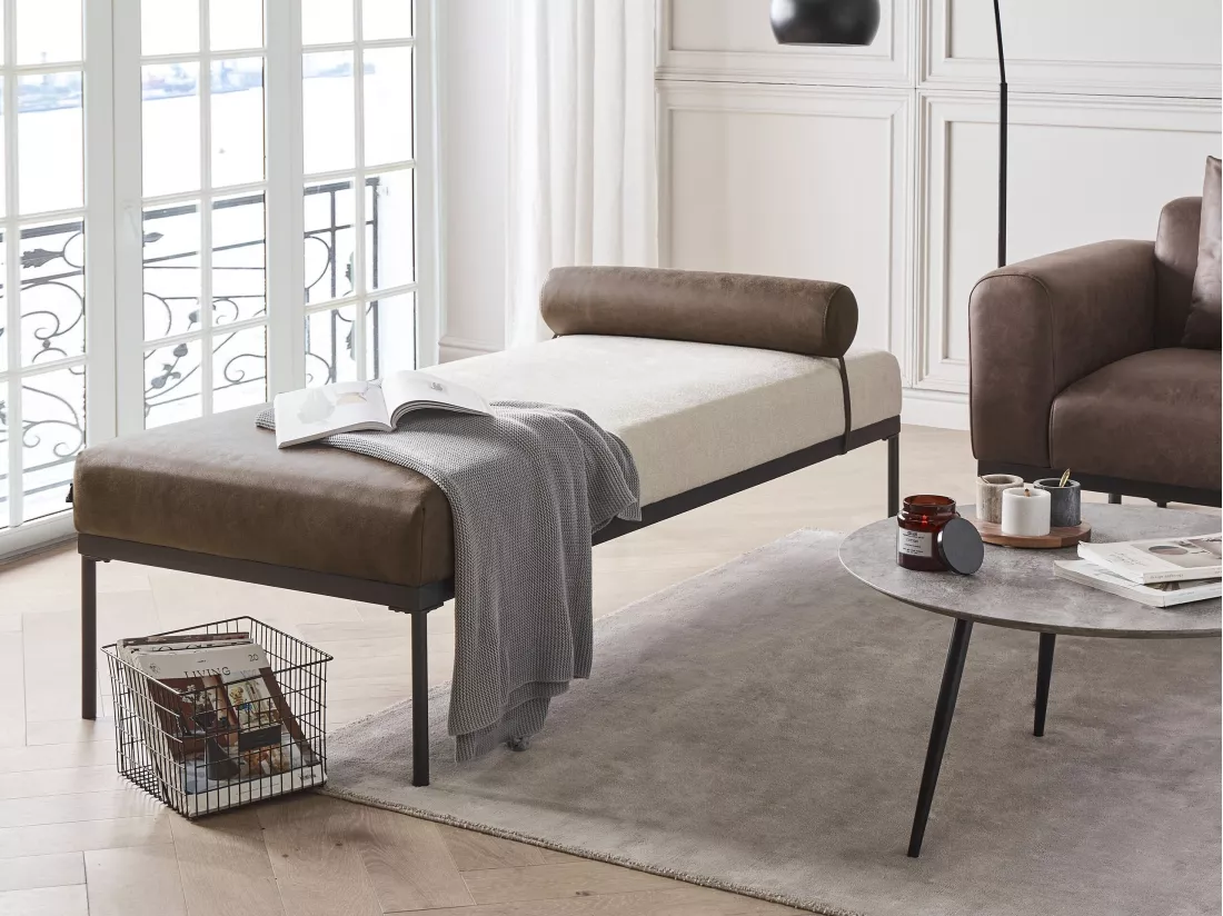 Chaise longue en lin synthétique et en similicuir beige et marron foncé MALMOS