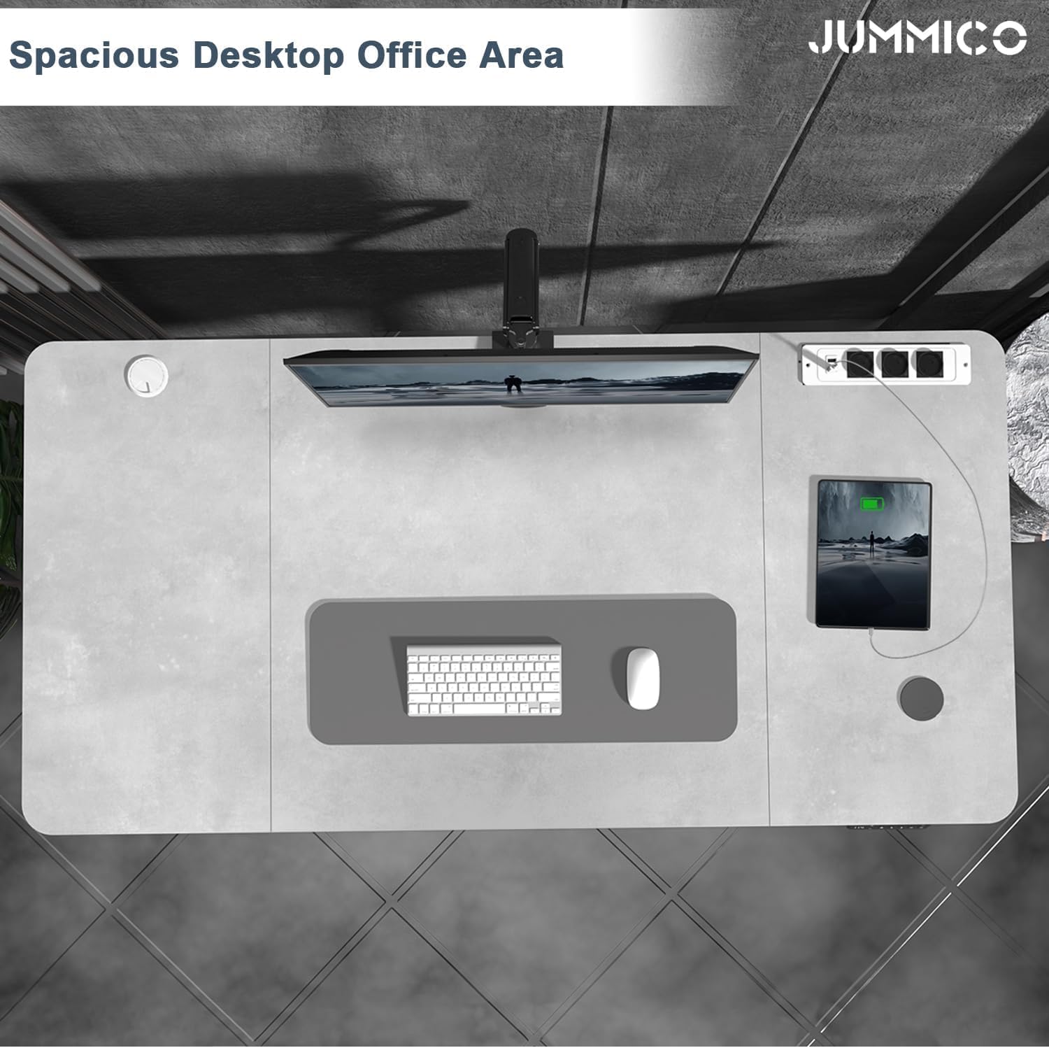 JUMMICO Höhenverstellbarer Schreibtisch mit Kabelloser Ladestation und Euro-Steckdose mit USB, Schreibtisch Höhenverstellbar Elektrisch Stehtisch, Standing Desk (Grau 180x80cm)