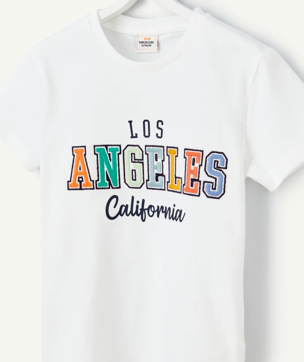 T-SHIRT GARÇON EN COTON BIO BLANC AVEC MESSAGE LOS ANGELES COLORÉ