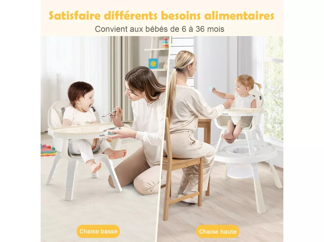 Chaise Haute Bébé Convertible 5-en-1, Chaise Haute Bébé Évolutive avec Plateau et Panier, Chaise Bébé pour Jeux, Hauteur Réglable à 3 Niveaux, de 4 Mois à 6 Ans, Charge : 18-35 KG (Beige)