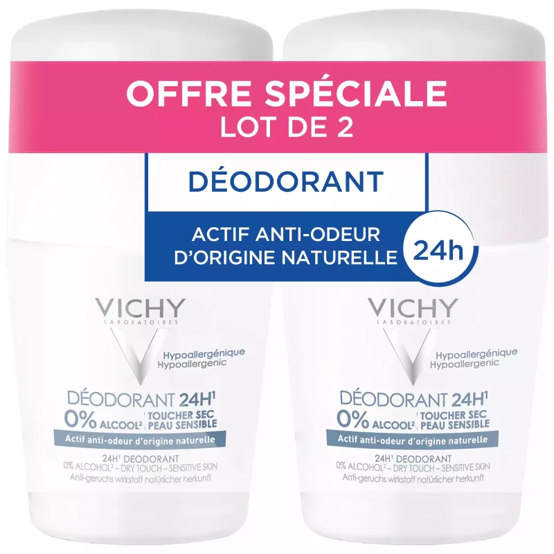 Déodorant 24H actif anti-odeur d'origine naturelle toucher sec - Roll-on - LOT 2x50ml