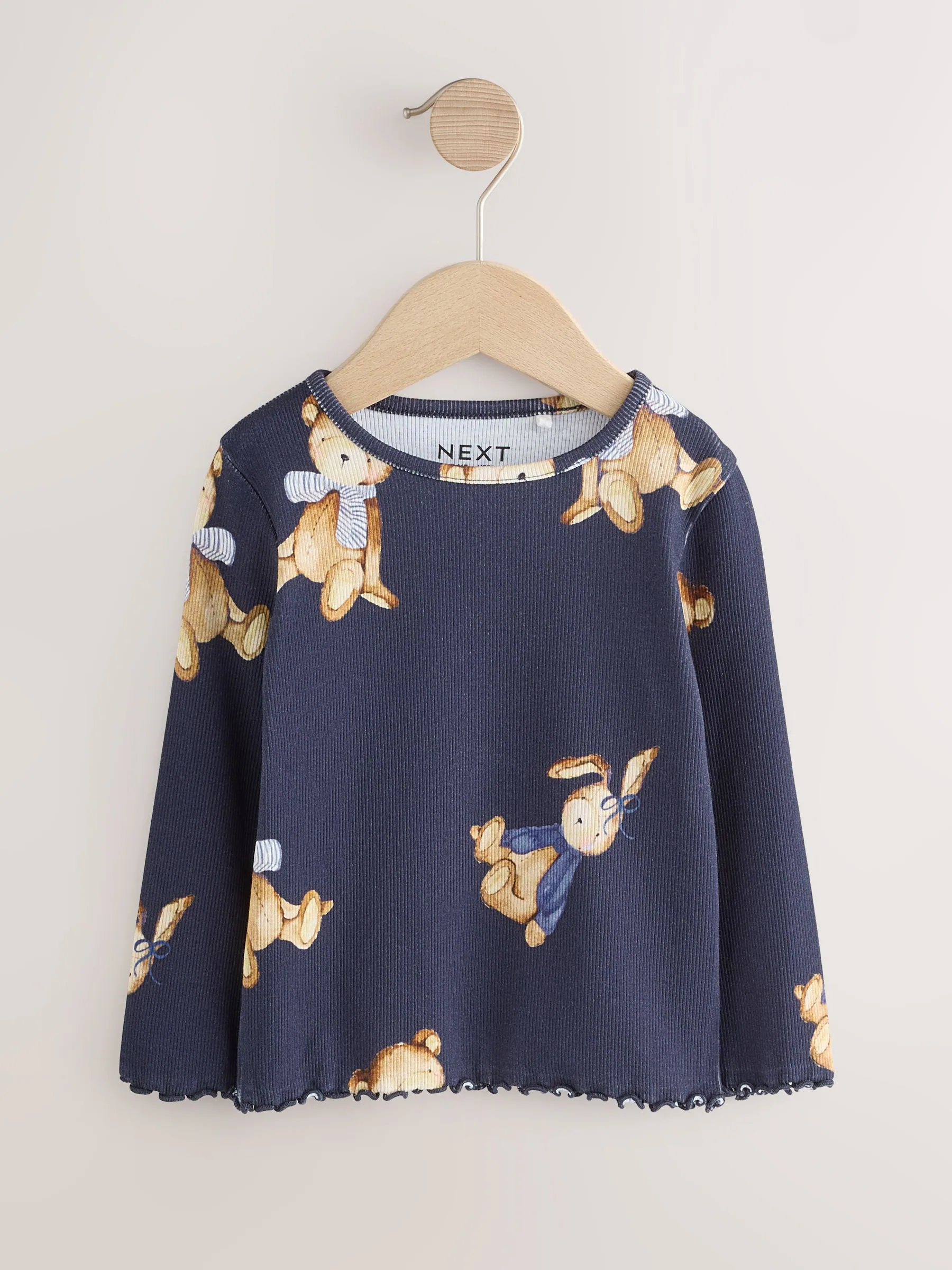 Marineblauw met berenprint - Geribbeld T-shirt met lange mouwen (3mnd-7jr)