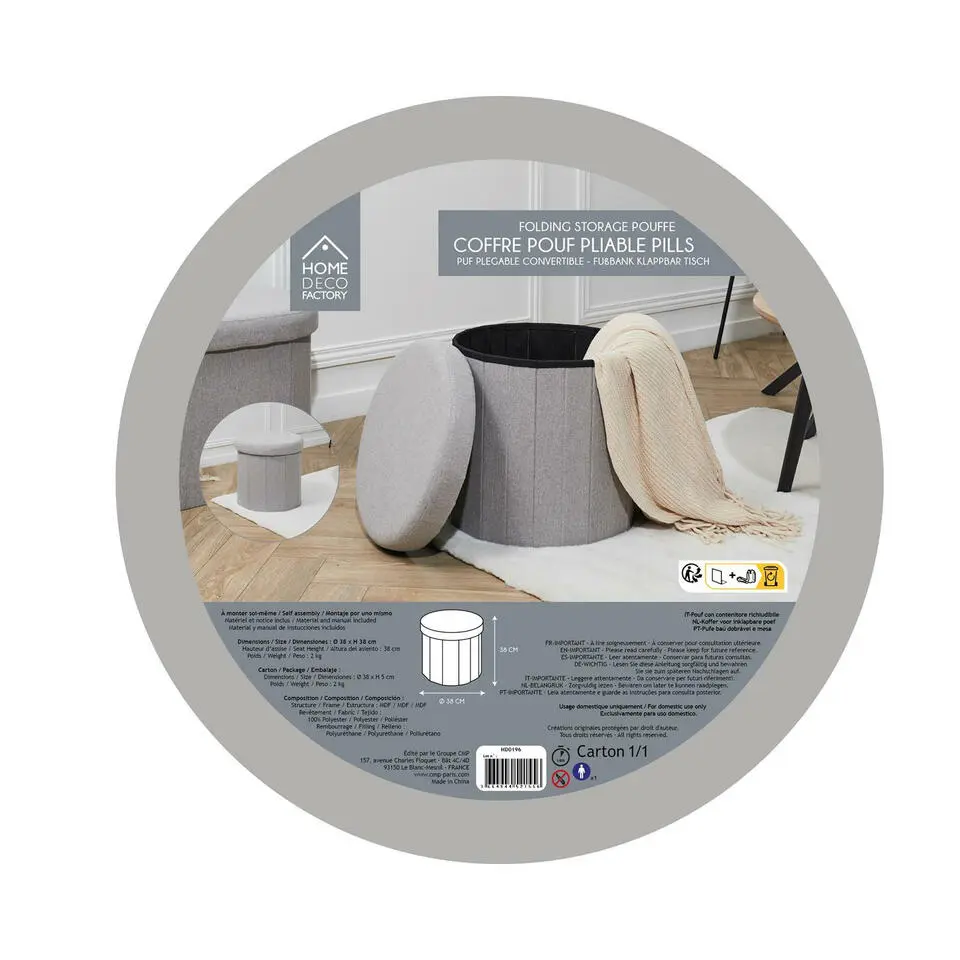 Home Deco Factory Poefje - opbergbox - grijs - 38 x 38cm