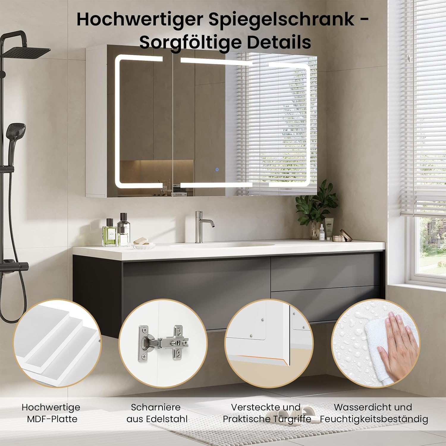 DICTAC Spiegelschrank Bad mit Beleuchtung und Steckdose Badezimmerschrank mit Spiegel und Verstellbares Regal,Badezimmer Spiegelschrank mit 3 Türen,Wandschrank,Hängeschrank,Badspiegel,100x60x16cm,Weiß