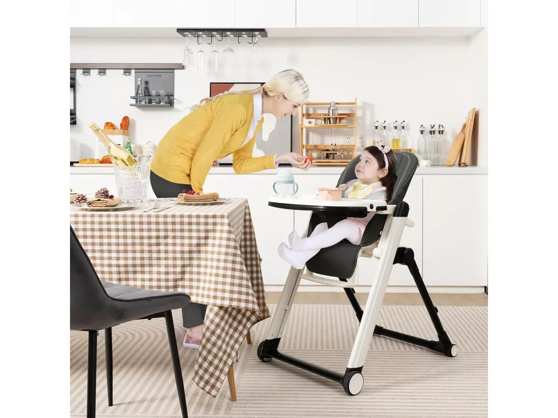 Chaise Haute Bébé Pliable Multifonctionnelle, Chaise d'Alimentation avec Double Plateau Réglable, 7 Hauteurs et 5 Angles d'Inclinaison, Roues Verrouillables, 6-36 Mois, Max 15KG, Gris Foncé