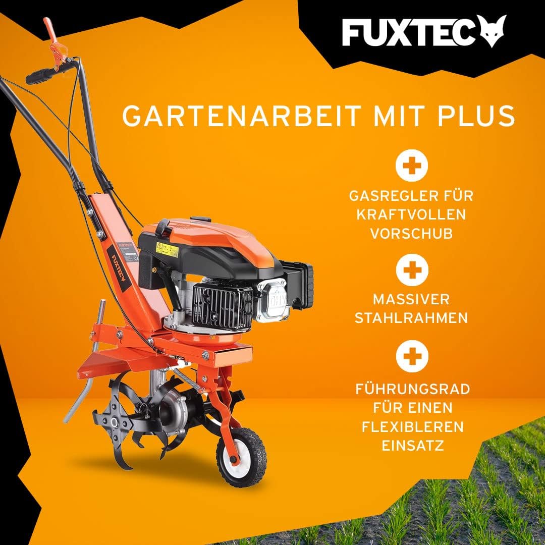 FUXTEC Motorhacke FX-AF1139, Gartenfräse für kleine bis mittelgroße Flächen, benzinbetriebene Bodenhacke, 16 robuste Messer, 4-Takt-Motor, Arbeitsbreite 36 cm, 3000 U/min