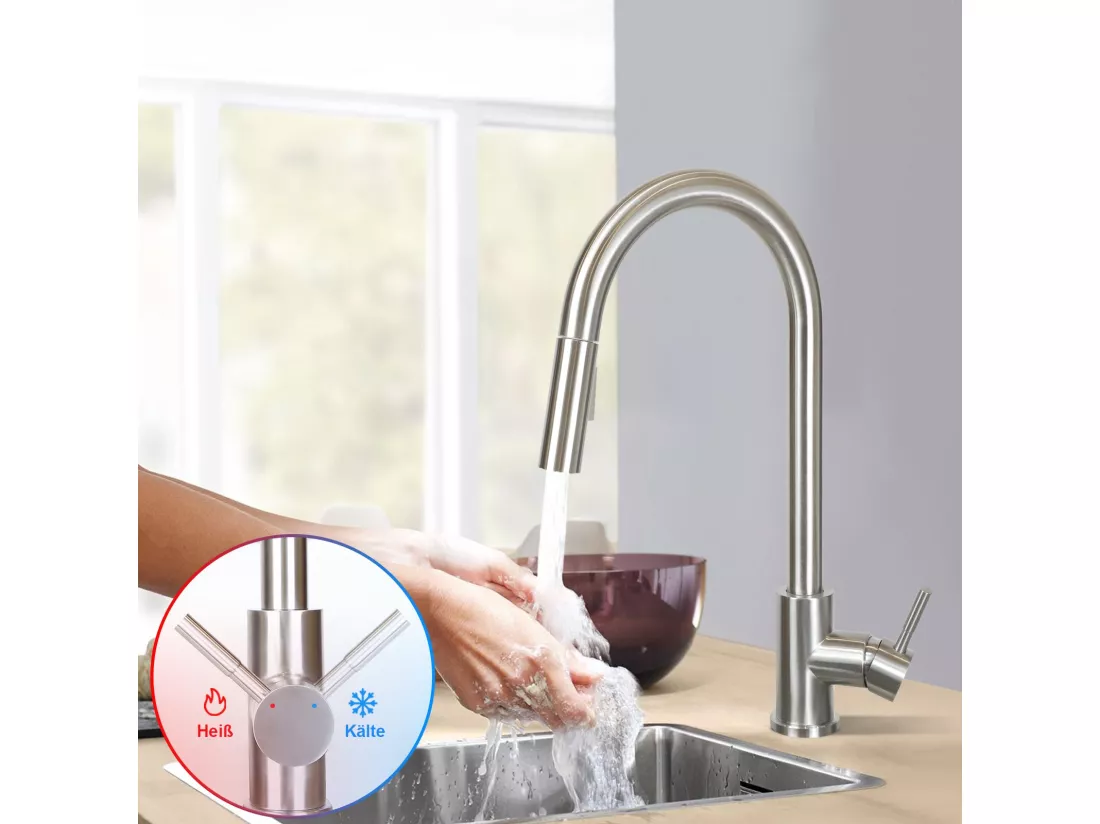 NETTLIFE Robinet de cuisine avec pomme de douche extensible, à haute pression, en acier inoxydable à jet double et pivotant à 360 °, Nickel
