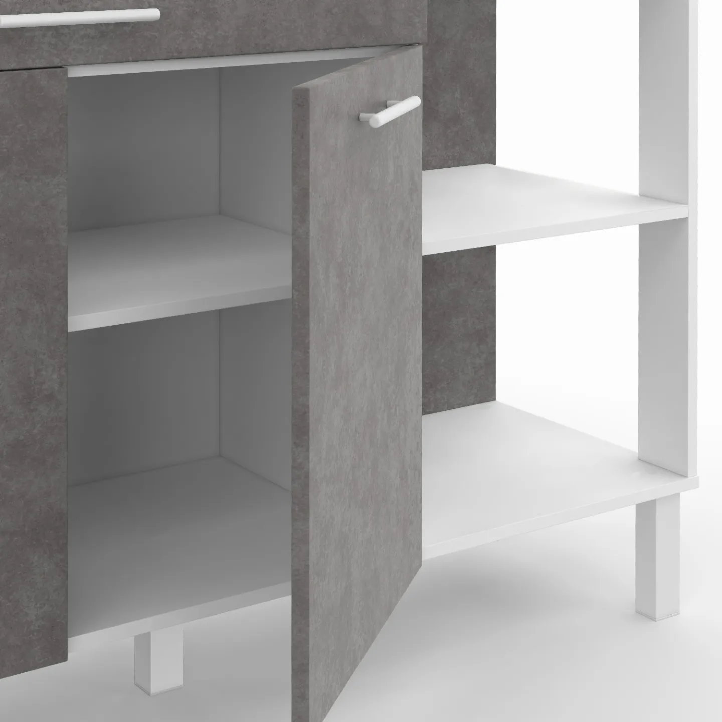 Buffet bas de cuisine 120 cm CINA plan de travail H.83 cm 2 portes + tiroir blanc et effet béton