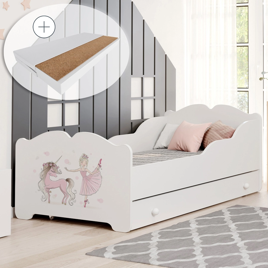 Kids Collective Mädchenbett 80x160 cm mit Matratze und Schublade, Rausfallschutz & Lattenrost weiß - Prinzessin Motiv