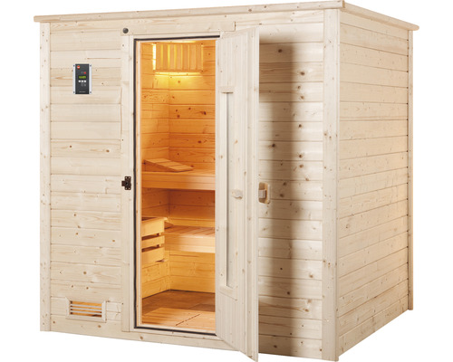 Massief houten sauna Weka Bergen HT Gr.1.8 incl. 7,5 kW biooven en digitale bediening, zonder raam, met houten deur en isolatieglas, thermisch geïsoleerd