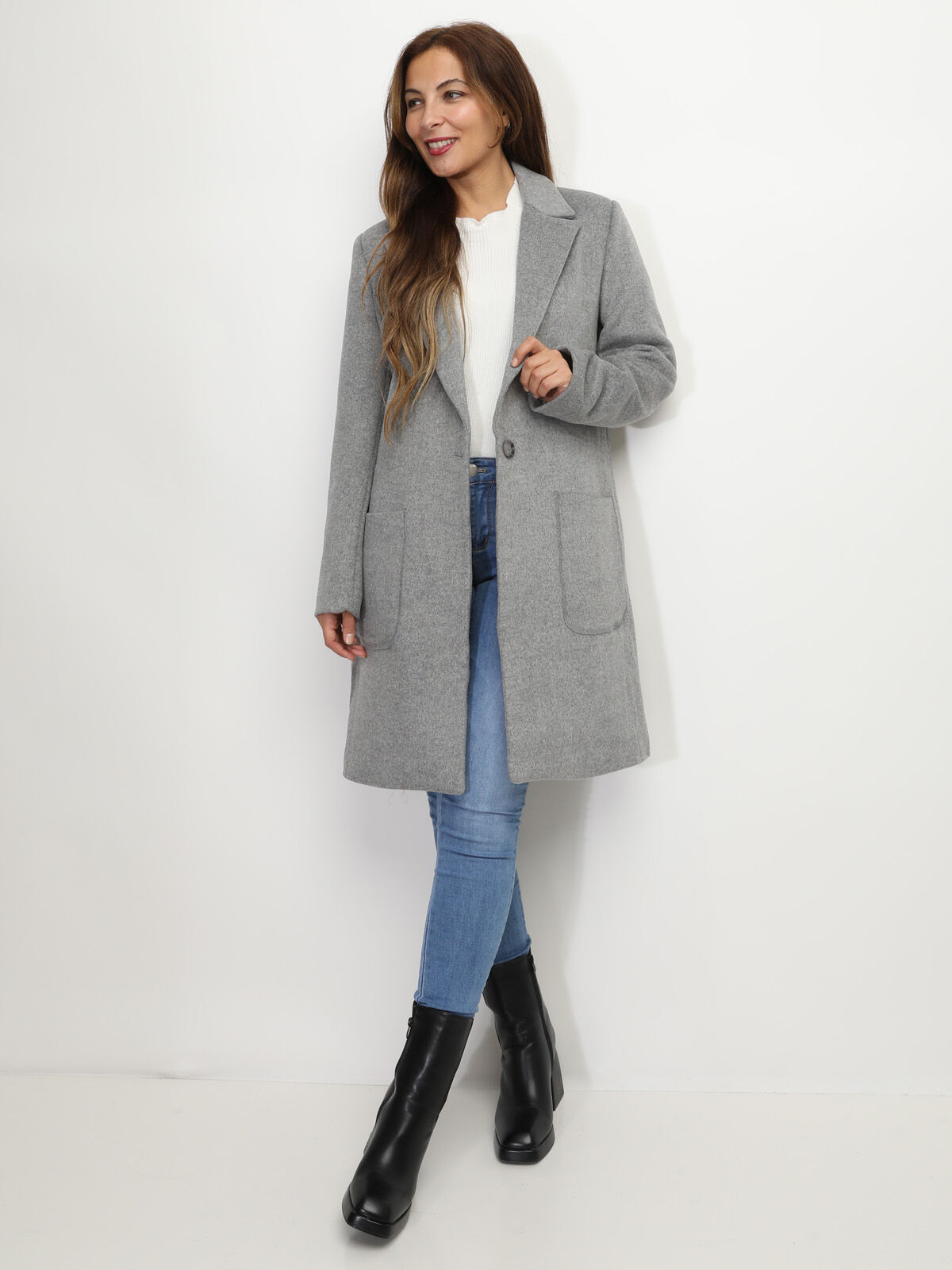 Manteau en laine à col revers- Gris