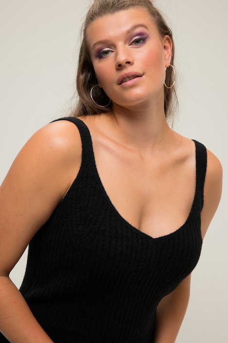 Strickkleid, Straight Shape, Trägerform, V-Ausschnitt, Ripp-Strick