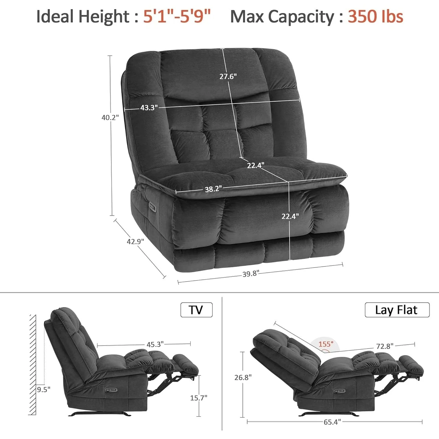 MCombo Oversized Dual Motor Armless Power Rocker Recliner Chair, Zeroarms Recliner Perfect for Living Room Fabric PR607