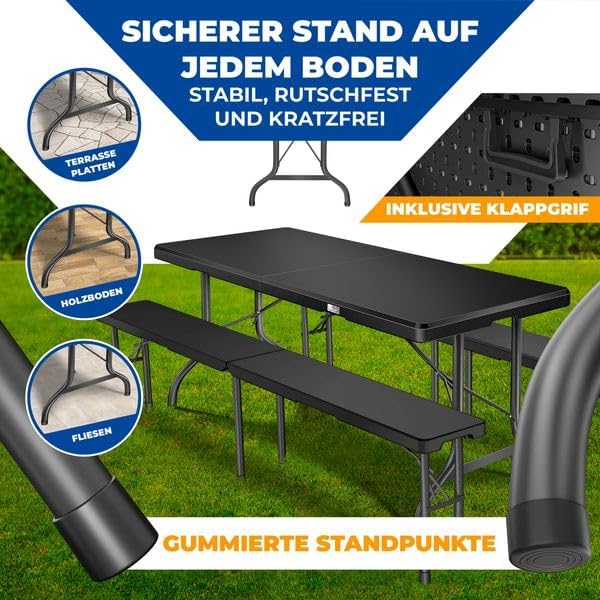 KESSER® Bierzeltgarnitur 3-teilig Set Tisch & 2x Bank | Buffettisch für drinnen & draußen Gartengarnitur klappbar 183x76x74cm Kunststoff Klapptisch Rattan-Look Gartentisch Inkl Abdeckung & Tragegriffe
