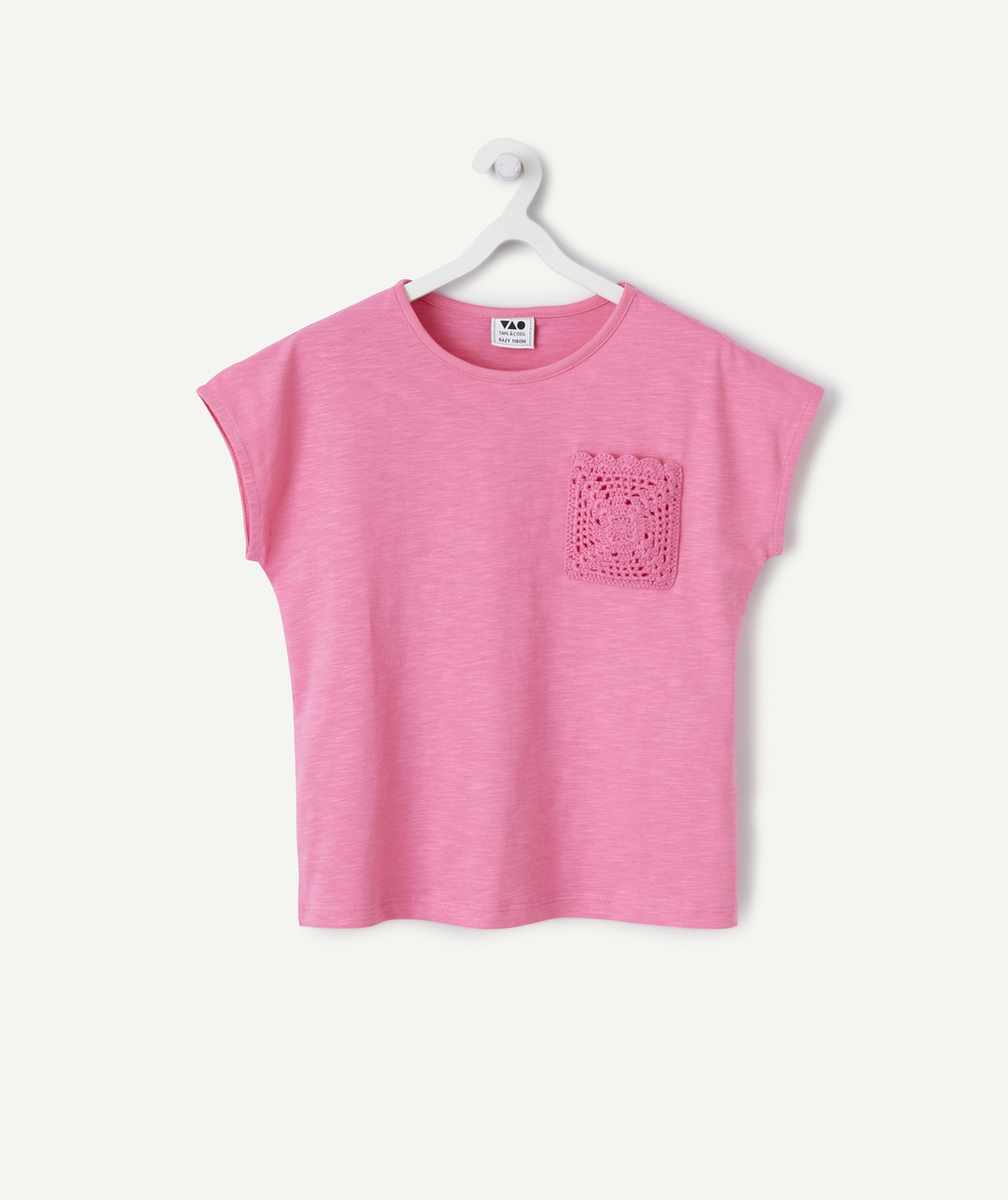 T-SHIRT FILLE EN COTON BIO ROSE AVEC POCHE EN CROCHET
