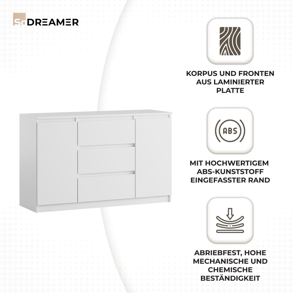 Kommode 2 Türen 3 Schubladen | Weiß 120 cm Ideal für Schlafzimmer, Wohnzimmer, Kinderzimmer und Büro | Große geräumige Kommode | 120x75x40 cm