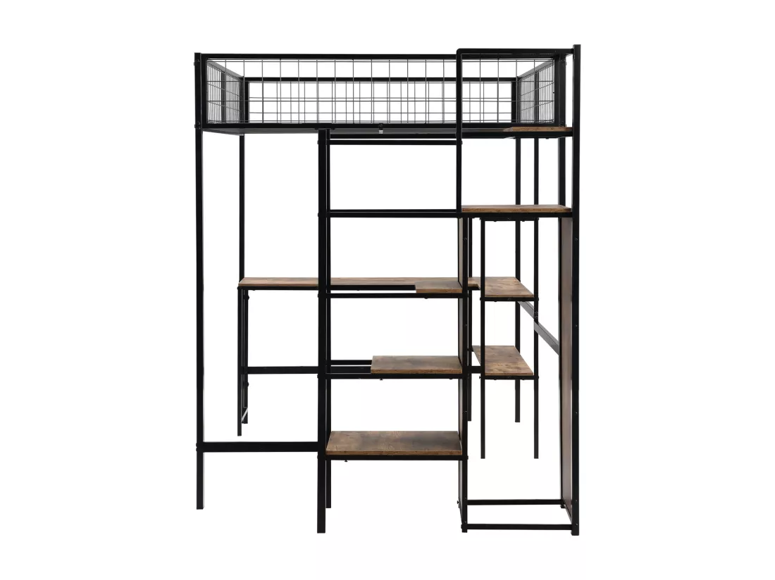 Lit mezzanine 90x200cm, cadre en fer, avec sous plateau bureau L, plusieurs étagères, escaliers et armoire intégrée, noir